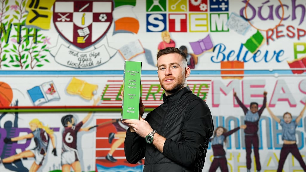 Jack Byrne of Shamrock Rovers with his SSE Airtricity/SWAI player of the month award. Photograph: Sportsfile