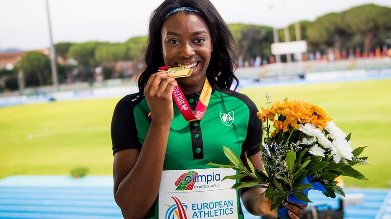 Gina Akpe-Moses with her gold medal in Frosseto, Italy. Photograph: Sportsfile