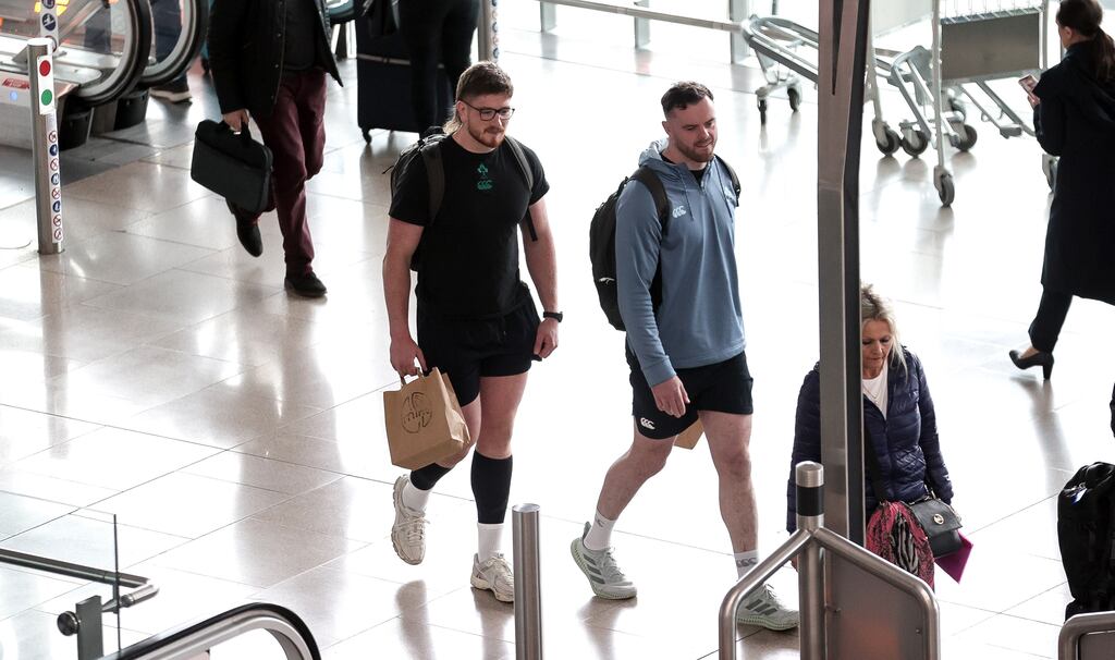 Ireland's Joe McCarthy and James Ryan on their way to Italy for Ireland's last match of this year's Six Nations. Photograph: Laszlo Geczo/Inpho