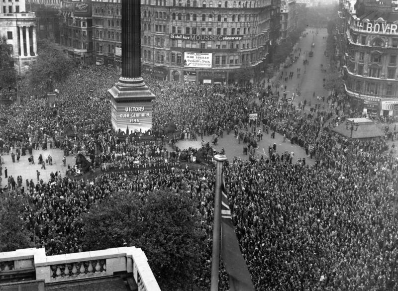VE Day is celebrated by crowds at Trafalgar Square in London on May 8th, 1945. Photograph: Fred Morley/Fox Photos/Hulton Archive/Getty Images