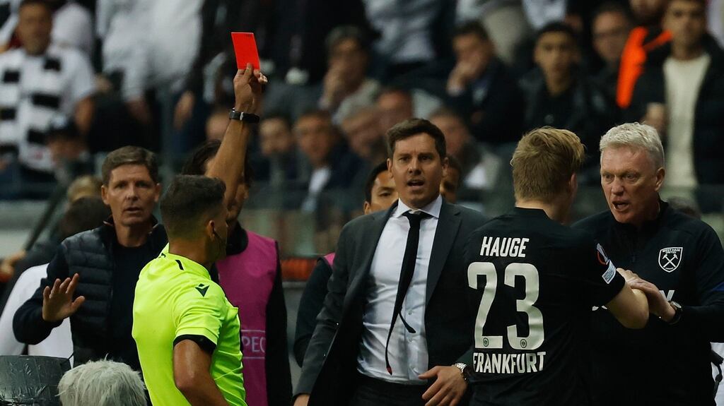 West Ham United manager David Moyes is shown a red card by referee Jesus Gil Manzano during his team’s Europa League semi-final. Photograph: Heiko Becker/PA