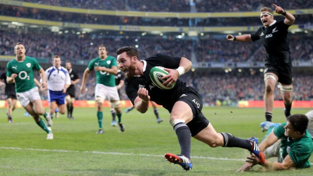 New Zealand’s Ryan Crotty crosses the line to score in the final minute of the autumn international against Ireland at the   Aviva Stadium. Photograph:  James Crombie/Inpho