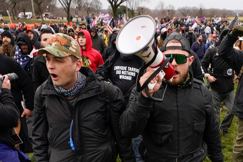 Proud Boys members Zachary Rehl (left) and Ethan Nordean walk toward the US Capitol in Washington, in support of Donald Trump on January 6th, 2021. File photograph: Carolyn Kaster/AP