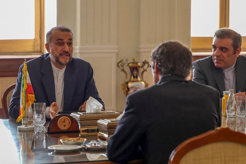 Iranian foreign minister Hossein Amir-Abdollahian (left) meets International Atomic Energy Agency chief Rafael Grossi in Tehran on March 4th, 2023. Photograph: Atta Kenare/AFP/Getty