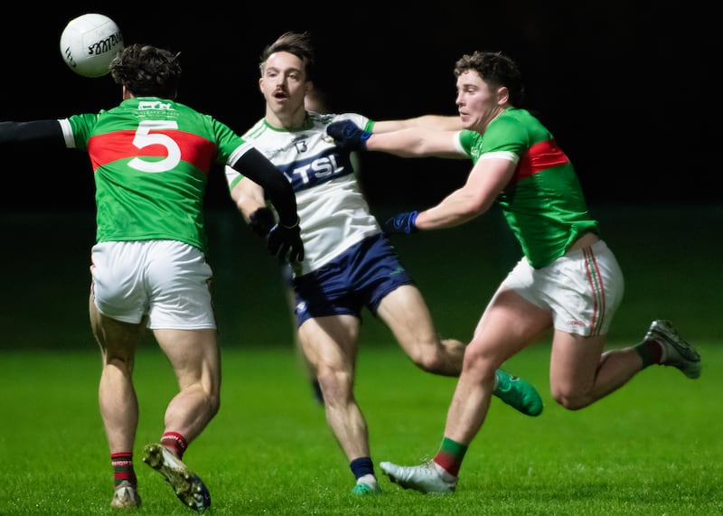 Michael O'Reilly in action with Sam Callinan and Ciaran Boland in the AIB GAA Connacht Club Senior Football Championship quarter-final in Ballina Stephenites vs North London Shamrocks. Photograph: INPHO/ Evan Logan