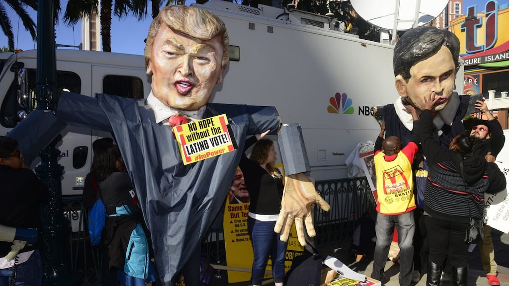 Protesters with puppet effigies of US Republican presidential candidates Donald Trump and Marco Rubio during a protest in Las Vegas, Nevada, US. Photograph: Mike Nelson