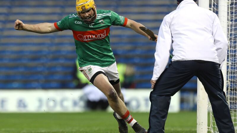 Loughmore-Castleiney’s Liam McGrath celebrates scoring a goal in the Tipperary final. Photograph: Lorraine O’Sullivan/Inpho