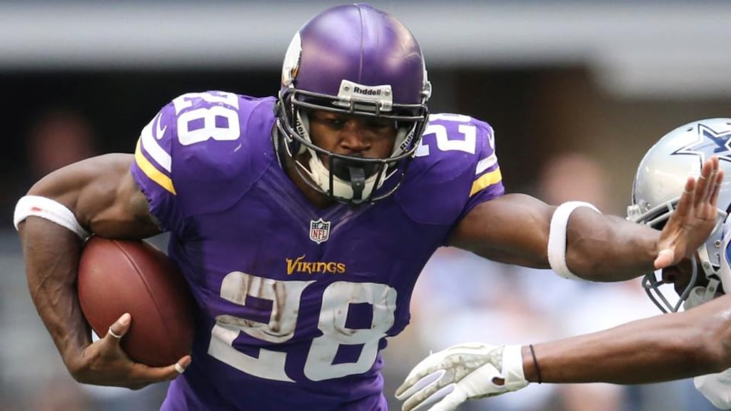 Minnesota Vikings Adrian Peterson, a marquee National Football League running back who faces charges of child abuse for injuries he caused when disciplining his son, was reinstated by the franchise on Monday. Photograph: Matthew Emmons/Reuters