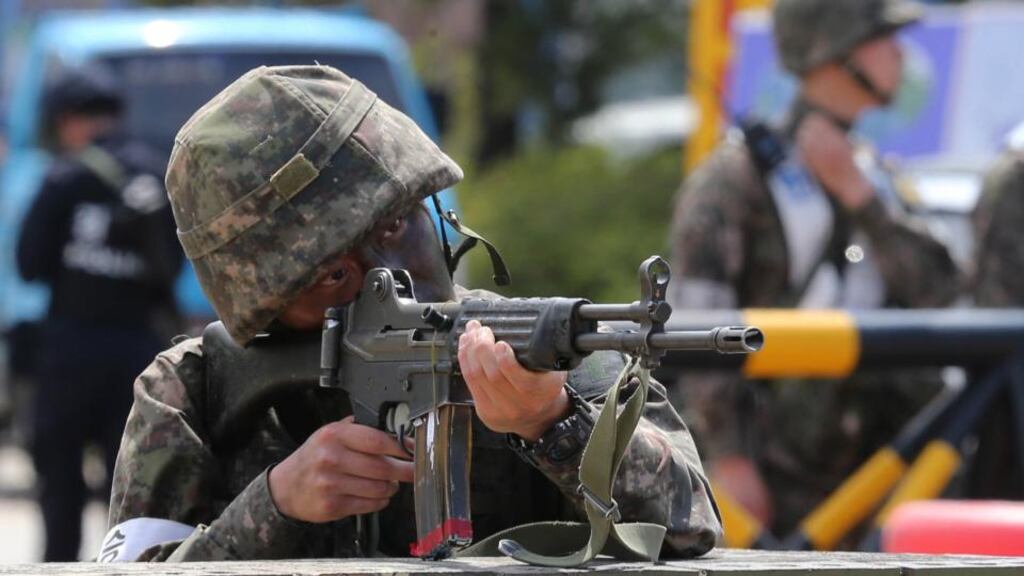 South Korean soldiers taking part in the operation related to a fugitive army sergeany in Goseong-gun yesterday. Photograph Hong Jin-Hwan-Donga Daily via Getty Images