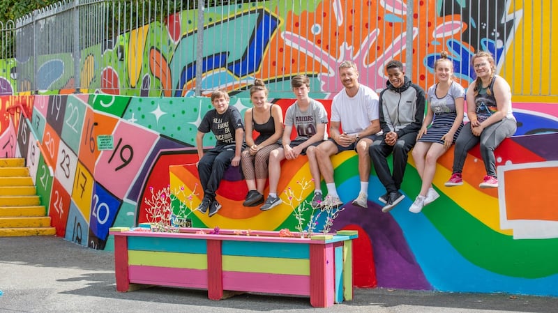 Karl Buckley, Kathlyn Owens, Lee Prendiville, Maser, Alex Aleande, Jodie Owens and Rebecca Clifford from Clay Youth Project, Crumlin. Photograph: Naoise Culhane