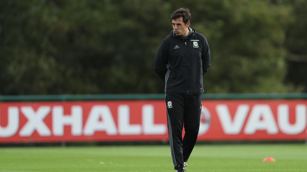 Wales manager Chris Coleman watches on during a training session at the Vale Resort, Hensol. Photo: David Davies/PA Wire