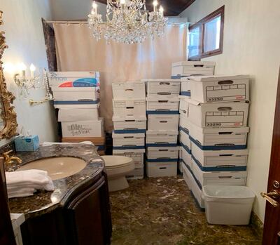 A photo provided by the US Justice Department shows document boxes in a bathroom and shower in the Lake Room at Mar-a-Lago, Donald Trump’s Florida residence. Photograph: Department of Justice via The New York Times