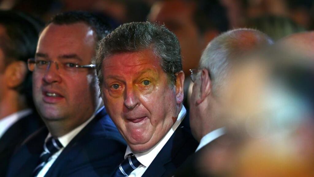 England manager Roy Hodgson (centre) with FA Chairman Greg Dyke (right) and FA General Secretary Alex Horne (left) at Costa do Sauípe Resort, Bahia, Brazil. Photograph: Clive Mason/Getty Images