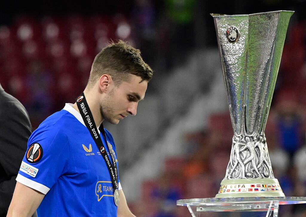 Rangers midfielder James Sands walks past the trophy after their Europa League final defeat to Eintracht Frankfurt at the Ramon Sanchez Pizjuan Stadium in Seville on May 18th. Photograph: Javier Soriano/Getty Images