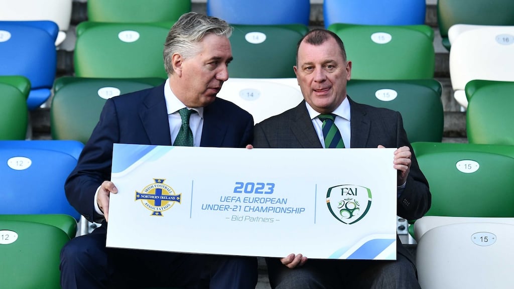 FAI chief executive John Delaney and   IFA chief executive Patrick Nelson  in  Windsor Park,  Belfast, to  announce their intention to submit a joint bid to host the Uefa Under-21 Championship in 2023. Photograph:  Colm Lenaghan/Pacemaker
