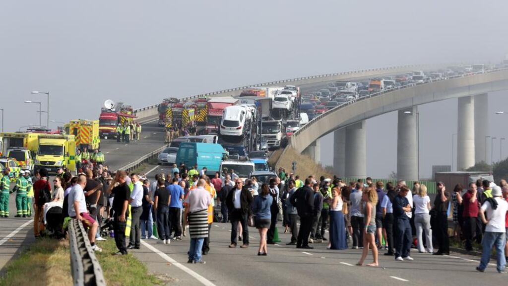 A general view of the scene on the London bound carriageway of the Sheppey Bridge Crossing near Sheerness in Kent. Photograph: Gareth Fuller/PA Wire