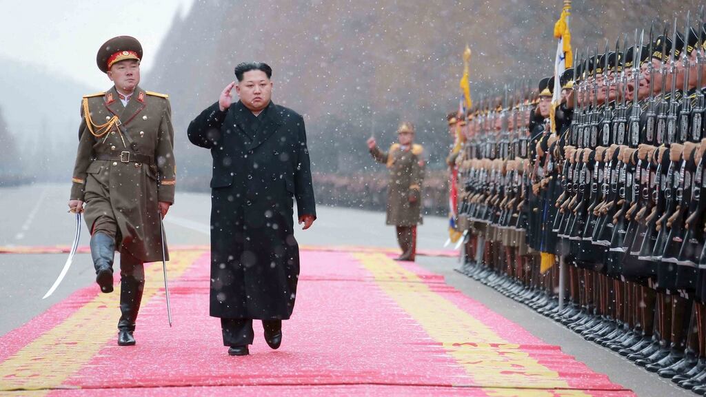 North Korean leader Kim Jong Un salutes during a visit to the ministry of the people’s armed forces.