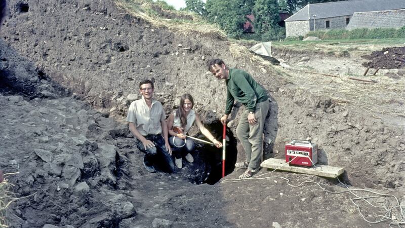Knowth Passage Tomb, Boyne Valley, Co. Meath, Ireland. Early days of the excavation. George Eogan, Tom Fanning and unknown assistant