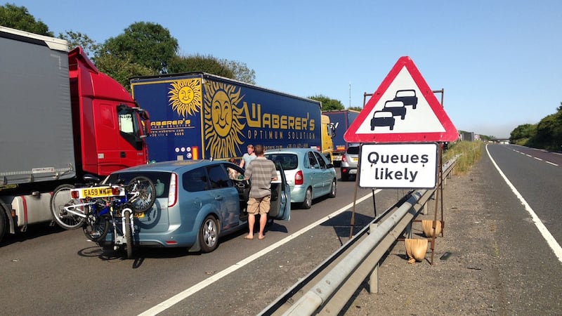 Queuing traffic on the A20 near Dover in Kent, as terror fears have led to severe delays at the port of Dover reportedly leaving hundreds of motorists stranded overnight after security checks were heightened at the request of French authorities. Photograph: Joerg Walther/PA Wire