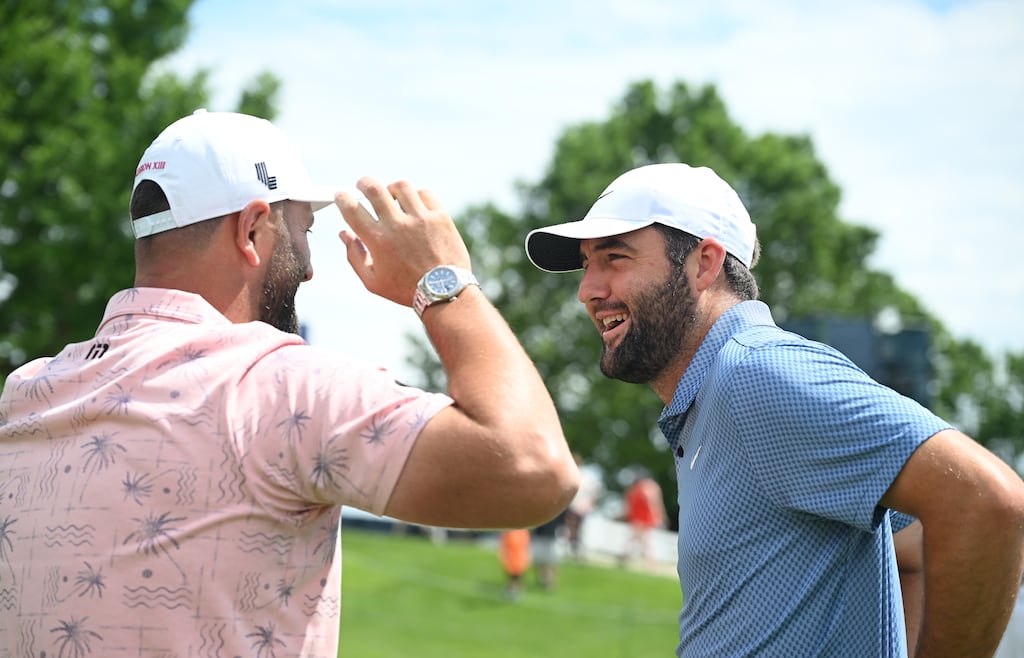 Jon Rahm and Scottie Scheffler talk during a practice round at Valhalla ahead of the US PGA Championships. Photograph: Ross Kinnaird/Getty Images