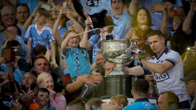 Dublin’s goalkeeper Stephen Cluxton lifts the Sam Maguire Cup after beating Kerry in the All-Ireland Senior Championship final replay in Croke Park in August 2019. Photograph: Oisin Keniry/Inpho