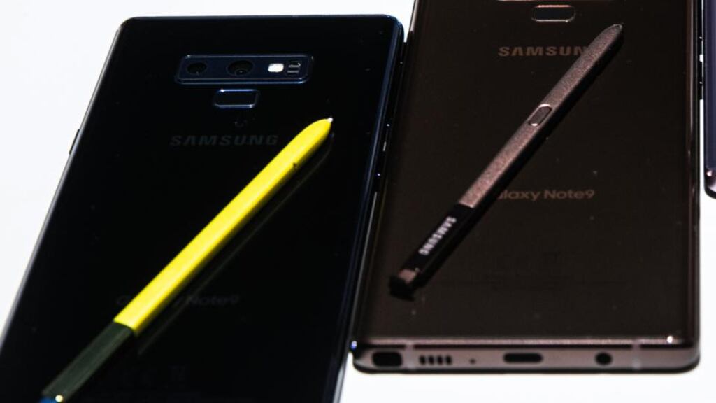Galaxy Note 9: The screen is slightly bigger at 6.4 inches, and the handset is a fraction shorter.  Photograph: Jeenah Moon/Bloomberg