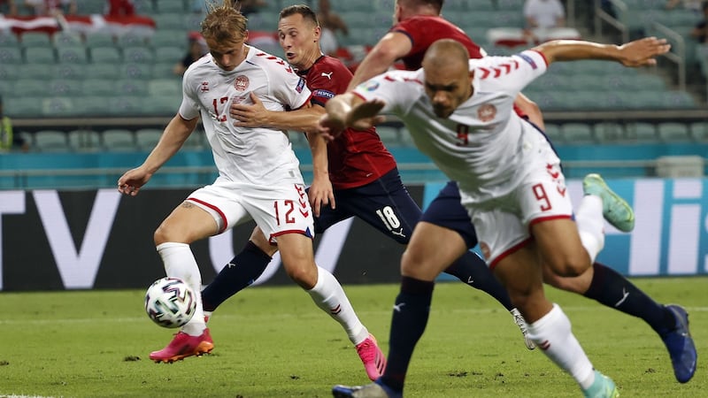 Denmark’s Kasper Dolberg scores their second goal during the game against the Czech Republic in Baku. Photograph: Valentin Ogirenko/EPA