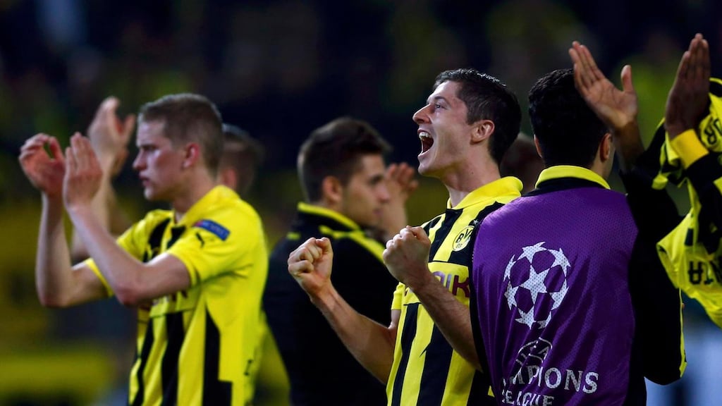 Borussia Dortmund’s Robert Lewandowski (centre) celebrates victory over Real Madrid after their Champions League semi-final first leg on Wednesday. Photograph: Reuters