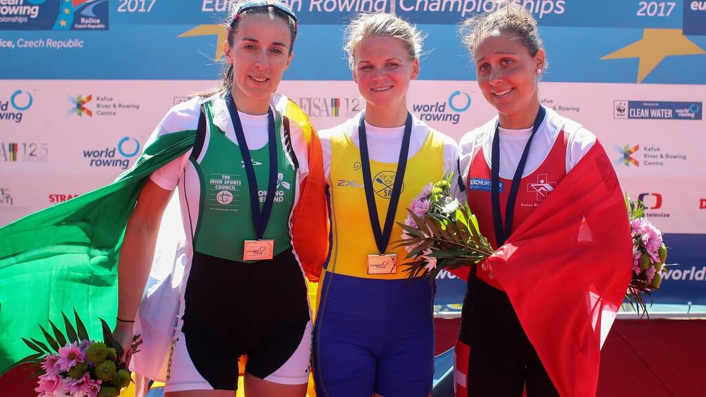 Silver medalist Denise Walsh (Ireland) with gold medalist Emma Fredh from Sweden and  and bronze medalist Patricia Merz from Switzerland after the Lightweight Women’s Single Sculls at the   European Championships in Racice, Czech Republic. Photograph: Martin Divisek/EPA