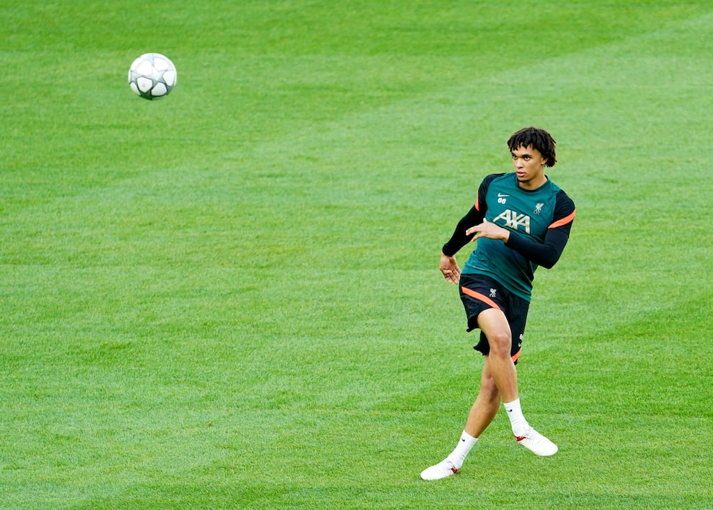 Liverpool's Trent Alexander-Arnold during a training session at Stade de France ahead of the Uefa Champions League final in Paris on Saturday. Photograph: Uefa