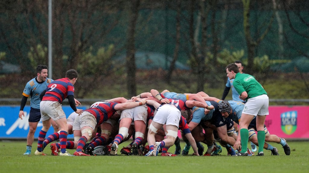 Action from the Energia All-Ireland League Division 1A match between UCD and Clontarf at Belfield back in February. Photograph: Brian Reilly-Troy/Inpho