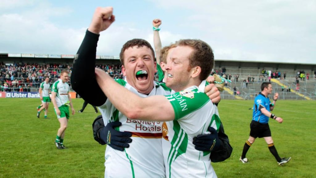 London’s Sean Kelly and Danny Ryan celebrate after beating Leitrim in the Connacht SFC semi-final at Dr Hyde Park yesterday. Photograph: Mike Shaughnessy/Inpho