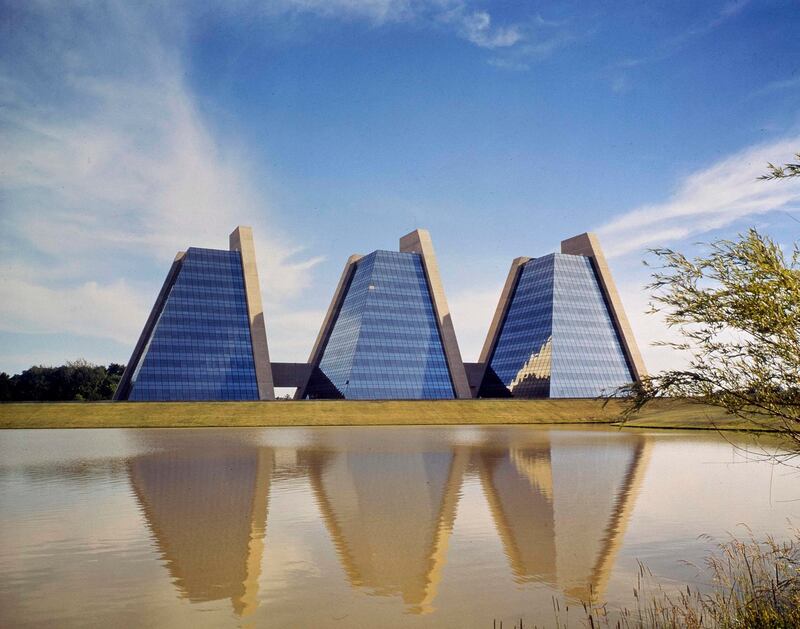 Kevin Roche: the late architect’s trio of glass pyramids that were completed in 1971 as the headquarters of the College Life Insurance Company, in Indianapolis. Photograph: Kevin Roche John Dinkeloo and Associates