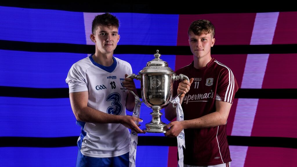 Waterford captain Patrick Curran and his Galway counterpart Brian Molloy ahead of the Under-21 All-Ireland hurling final. Photograph: Ramsey Cardy/Sportsfile