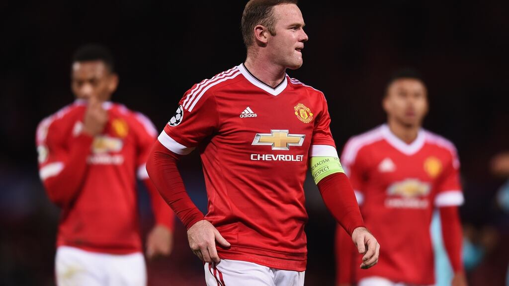 Manchester United’s Wayne Rooney looks despondent after his side’s 0-0 draw with PSV Eindhoven in the Champions League group stages. Photo: Michael Regan/Getty Images