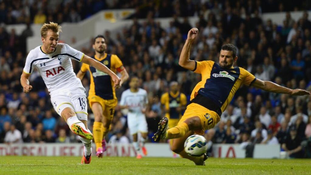Harry Kane of Spurs scores the first against AEL Limassol in the Uefa Europa League Qualifying Play-Offs round second leg match at White Hart Lane. Photograph: Jamie McDonald/Getty Images