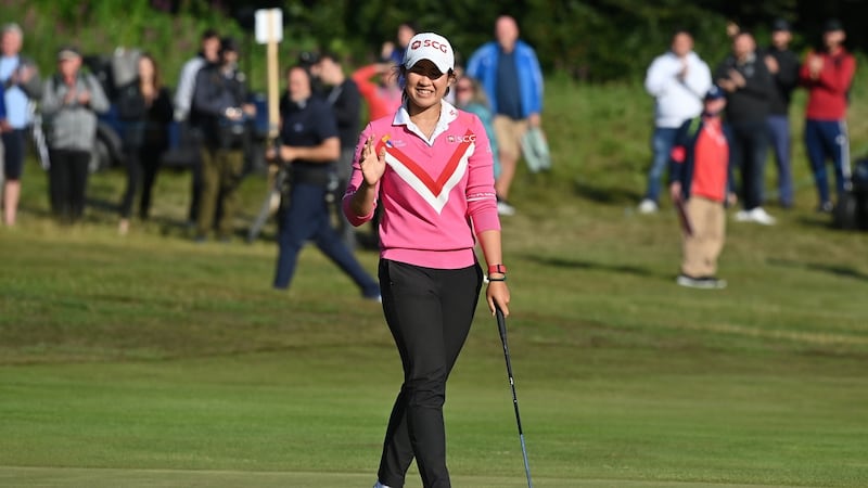 Pajaree Anannarukarn of Thailand reacts to her victory on the 18th green on the second playoff hole during the final round of the ISPS Handa world Invitational at Galgorm Spa & Golf Resort  in Ballymena. Photograph: Charles McQuillan/Getty Images