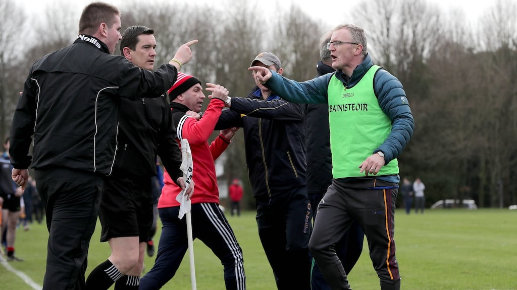 Management from both sides, including Brian Lohan from UL and DJ Carey from IT Carlow get involved on the sidelines. Photograph: Morgan Treacy/Inpho