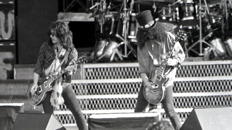 Gilby Clarke and Slash of Guns N’ Roses onstage at Slane Castle on Saturday, May 16th, 1992. Photograph: Matt Kavanagh