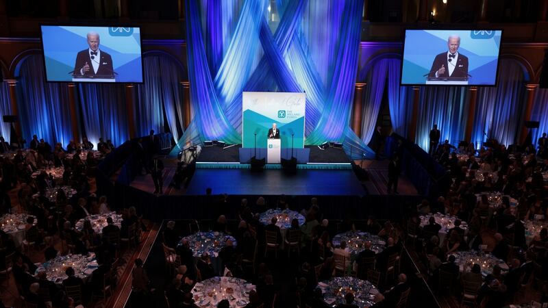 US President Joe Biden speaks at the Ireland Funds 30th National Gala at the National Building Museum in Washington DC. Taoiseach Micheál Martin is on a visit to the US for St Patrick’s Day, but has tested positive for Covid-19. Photograph: Oliver Contreras/PA Wire
