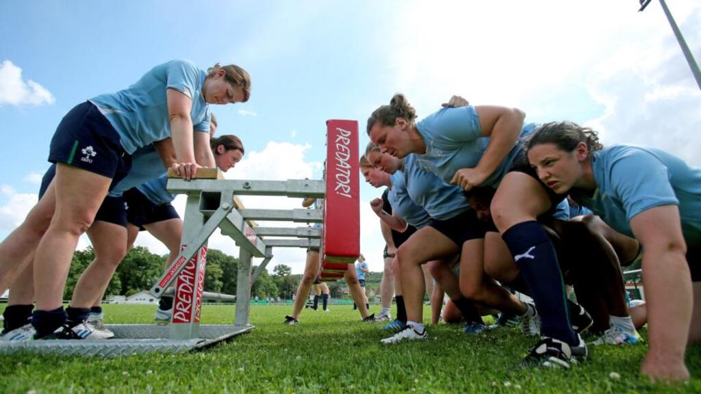 The Ireland women’s rugby squad gets in some scrummaging during a training session at FFR headquarters at Marcoussis, Paris ahead of Friday’s IRB World Cup clash against the USA. Photograph: Dan Sheridan