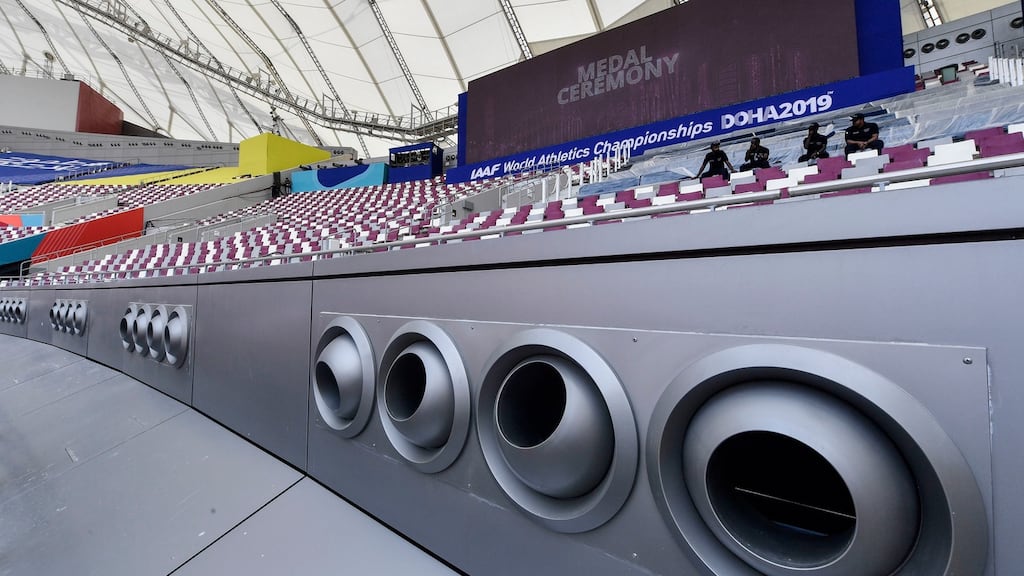 A giant air conditioning system will cool the Khalifa International Stadium during the World Athletics Championships in Doha, Qatar. Photograph: AP Photo/Martin Meissner