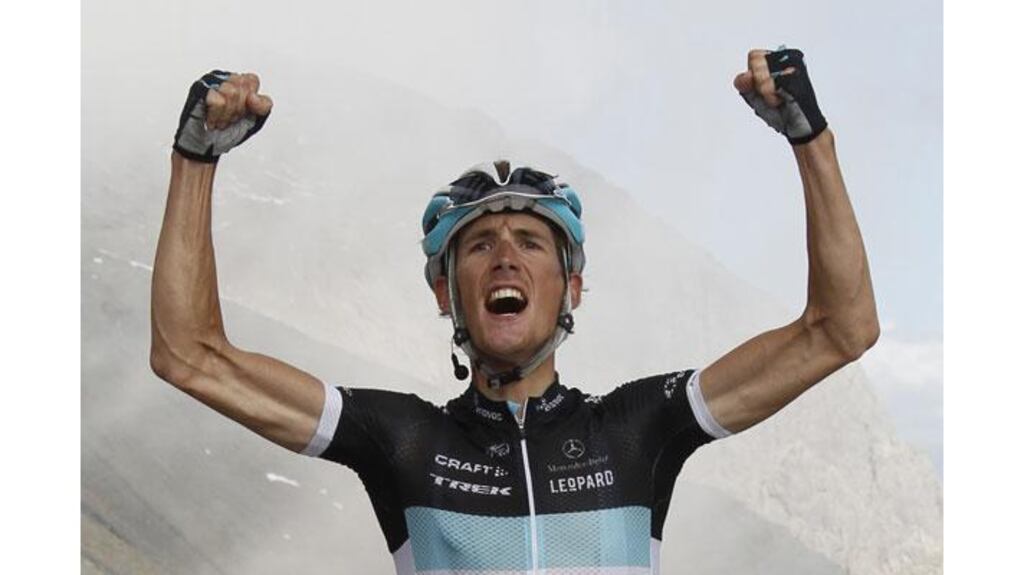 Leopard Trek team rider Andy Schleck of Luxembourg celebrates after winning the 18th stage of the Tour de France from Pinerolo to Le Galibier-Serre Chevalier. Photograph: Stefano Rellandini/Reuters