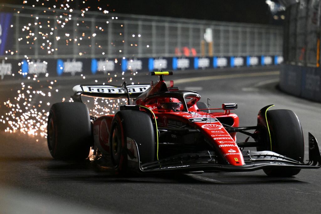 Ferrari's Spanish driver Carlos Sainz races during the second practice session for the Las Vegas Formula One Grand Prix. Photograph: Angela Weiss/AFP via Getty Images