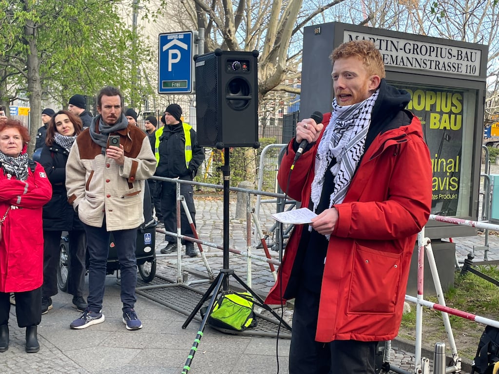 Irish pro-Palestine campaigner Shane O'Brien, facing removal from Berlin later this month, addresses a solidarity gathering in the German capital on Monday. Photo: Derek Scally