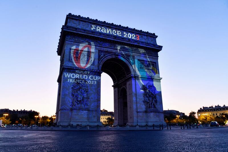 Here comes the rugby: The logo of the France 2023 Rugby World Cup is projected on to the Arc de Triomphe. Photograph: Julien De Rosa/AFP via Getty Images