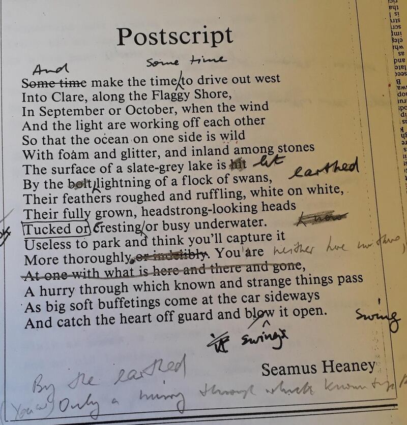 Seamus Heaney: Listen Now Again: the poet worked further on Postscript, on the newspaper page, after it was first published in The Irish Times on October 10th, 1992. Photograph: National Library of Ireland