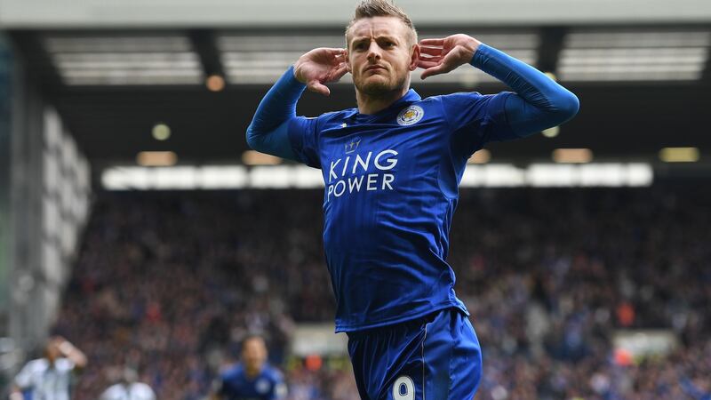 Jamie Vardy of Leicester City celebrates after scoring at The Hawthorns. Photograph: Shaun Botterill/Getty Images