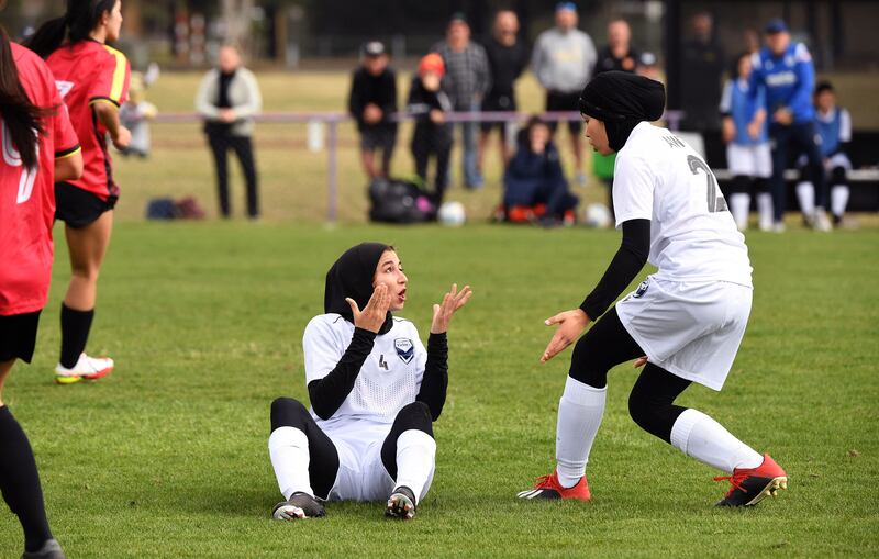 Melbourne Victory Afghan women's team players Fatema and Adeba during a their first match in a local league against ETA Buffalo SC in Melbourne. The Afghan national team fled to Australia after the hardline Islamist Taliban took control in their home country. Photograph: William West/AFP/Getty Images