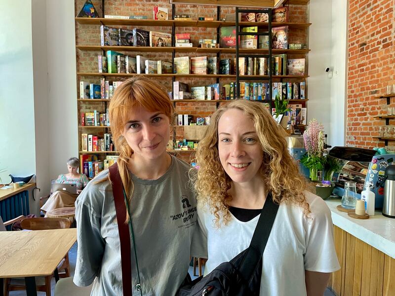 Tetiana Siniuhina and Liliia Muntian own and run the Pouhqué bakery and Pakufuda cafe that share a building in central Kharkiv. Photograph: Daniel McLaughlin